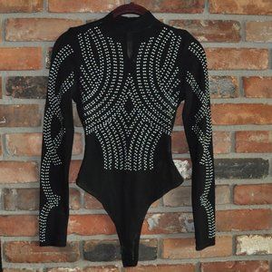 Iris Women's Black Sheer Silver Studded Long Sleeve Snap Bottom, Bodysuit Top S
